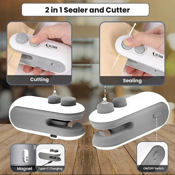 2-in-1 Sealer & Cutter | Portable Rechargeable Food Packet Sealer for Kitchen & Travel